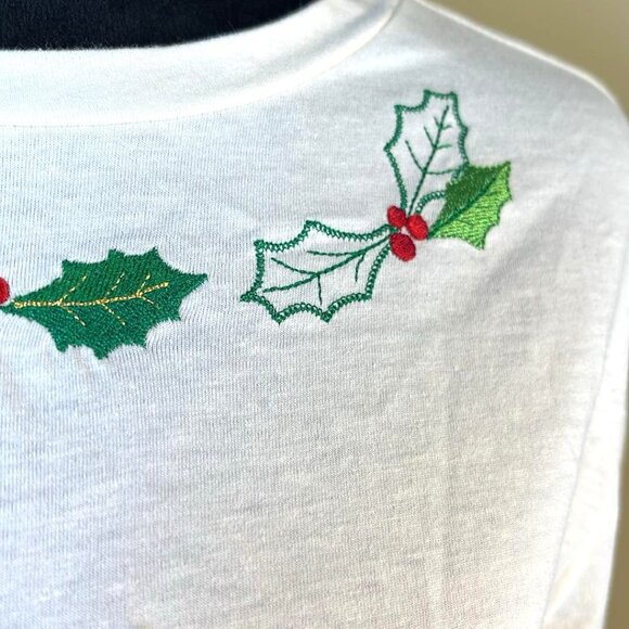 Christmas Embroidered Cardinal Long Sleeve T Shirt Holiday Festive Celebration - Picture 5 of 8